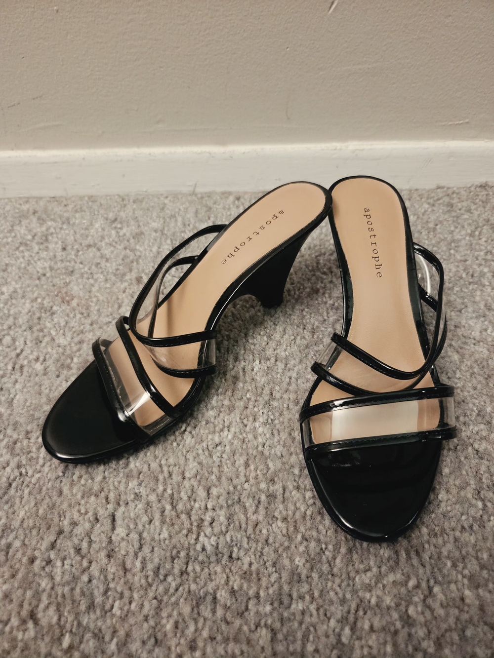 Apostrophe Black Patent and Clear Strap Mid Block Heel Sandals